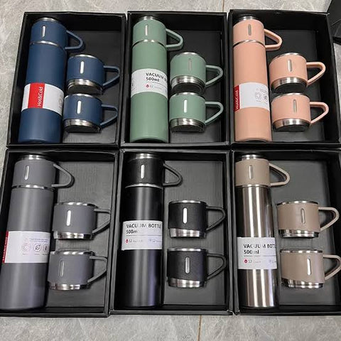 500ml Vacuum Flask Set – Double-Wall Stainless Steel Insulated Water Bottle with Silicone Handle & Lid | Premium Quality Thermos for Hot & Cold Beverages.