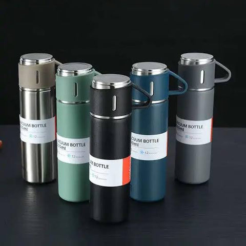 500ml Vacuum Flask Set – Double-Wall Stainless Steel Insulated Water Bottle with Silicone Handle & Lid | Premium Quality Thermos for Hot & Cold Beverages.