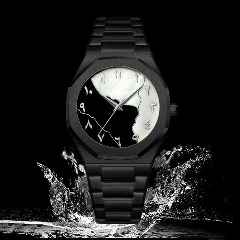 Black Arabic Stainless Steel Marble Watch 🖤⌚✨
