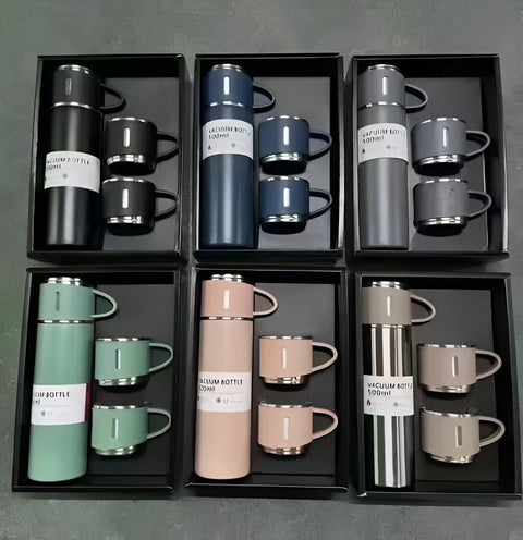 500ml Vacuum Flask Set – Double-Wall Stainless Steel Insulated Water Bottle with Silicone Handle & Lid | Premium Quality Thermos for Hot & Cold Beverages.