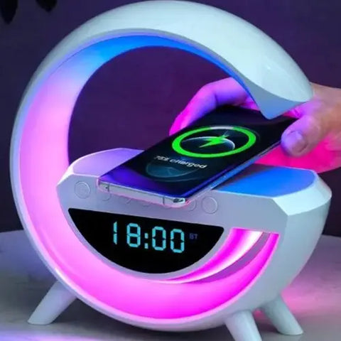 Multifunctional G-Shaped Lamp 💡 - Bluetooth Speaker 🎵, Wireless Charger 📈 & Digital Clock ⏰