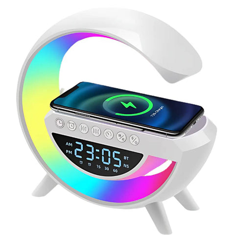 Multifunctional G-Shaped Lamp 💡 - Bluetooth Speaker 🎵, Wireless Charger 📈 & Digital Clock ⏰